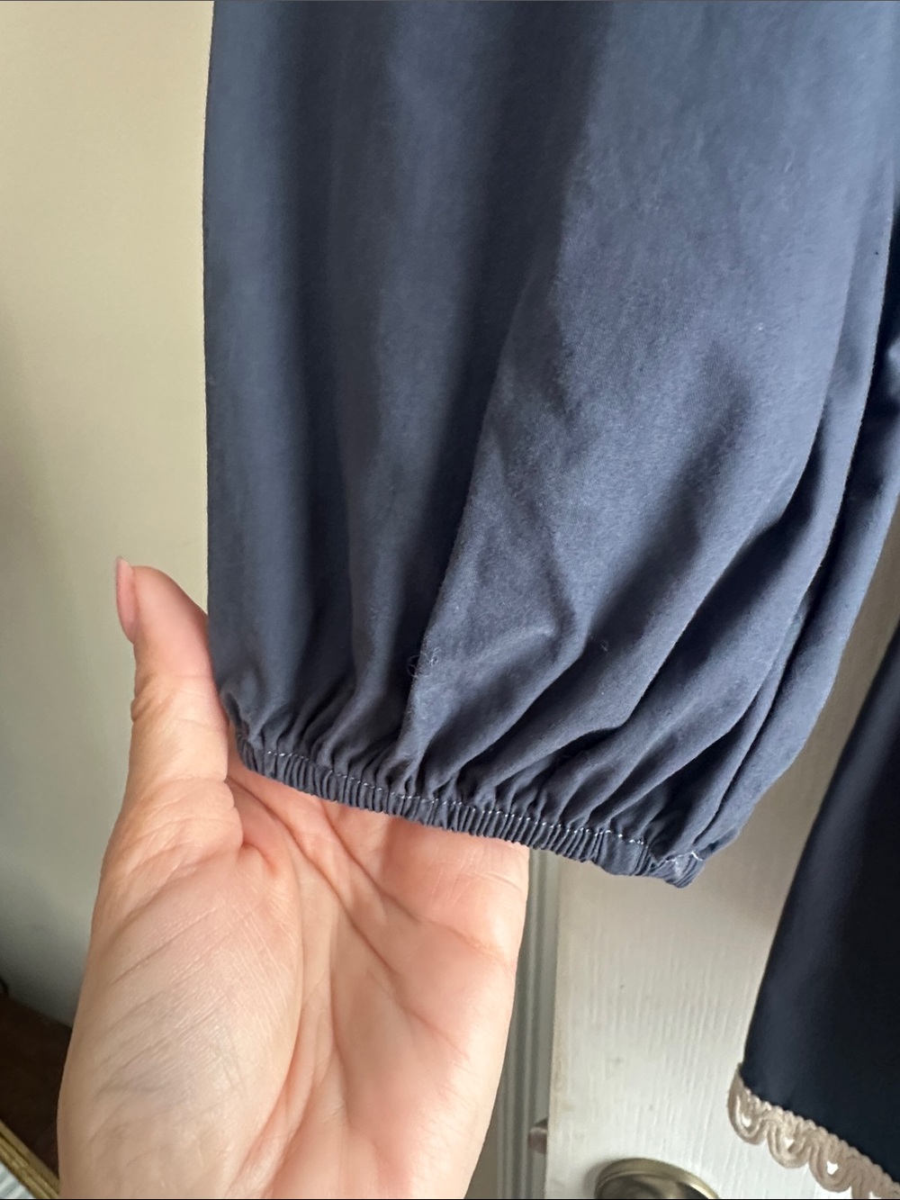 Smocked Waist Navy Long-Sleeve Dress with Lace Trim - Picture 3 of 7